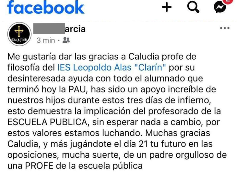 Publicación de Facebook con opinión sobre el trabajo docente